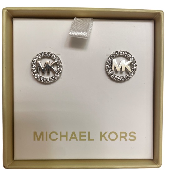 Michael Kors  Brass Silver-tone Pavé Crystal MK Logo Earrings NWT - Picture 2 of 5
